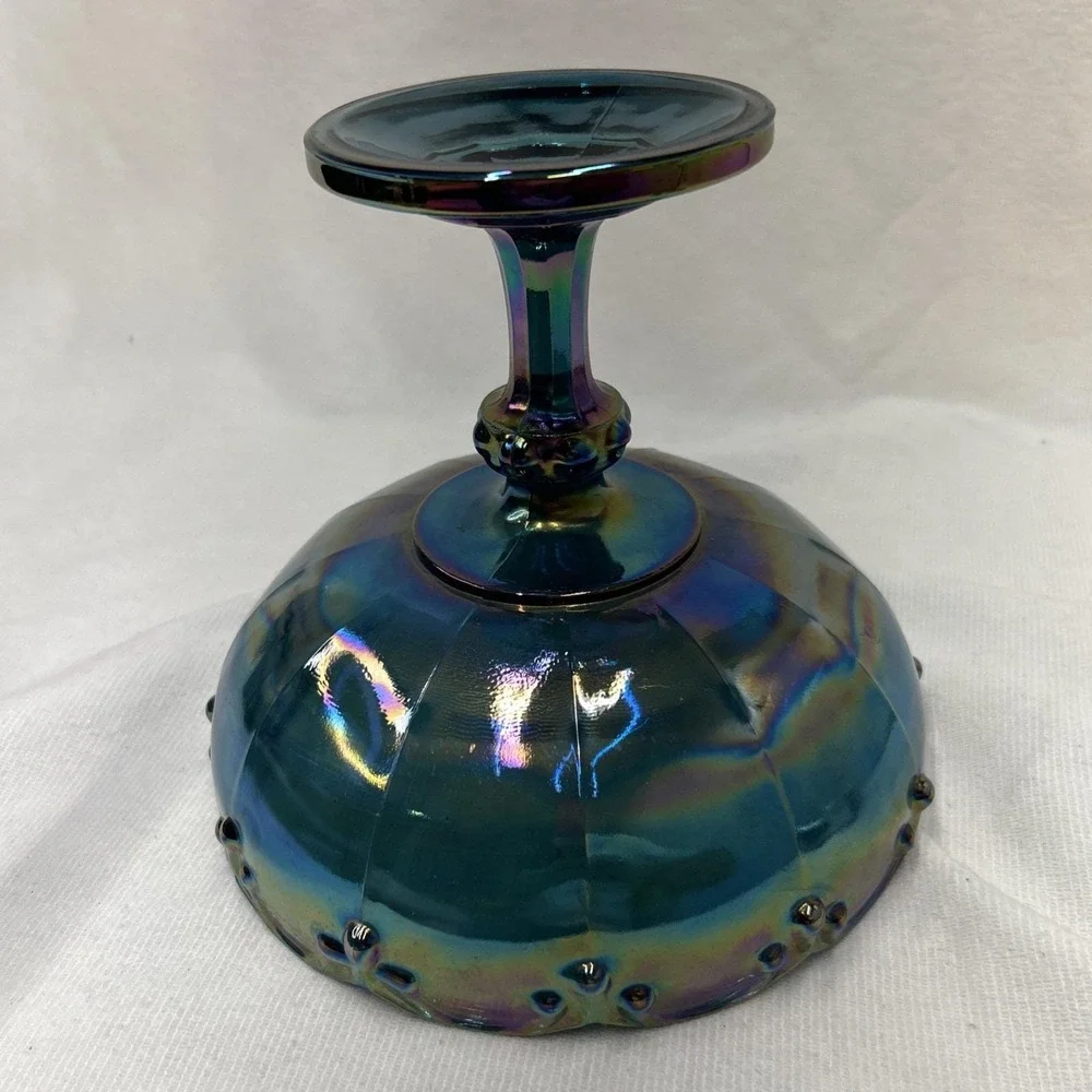 Vintage Indiana Glass Blue Carnival Glass Pedestal Compote Centerpiece Bowl
